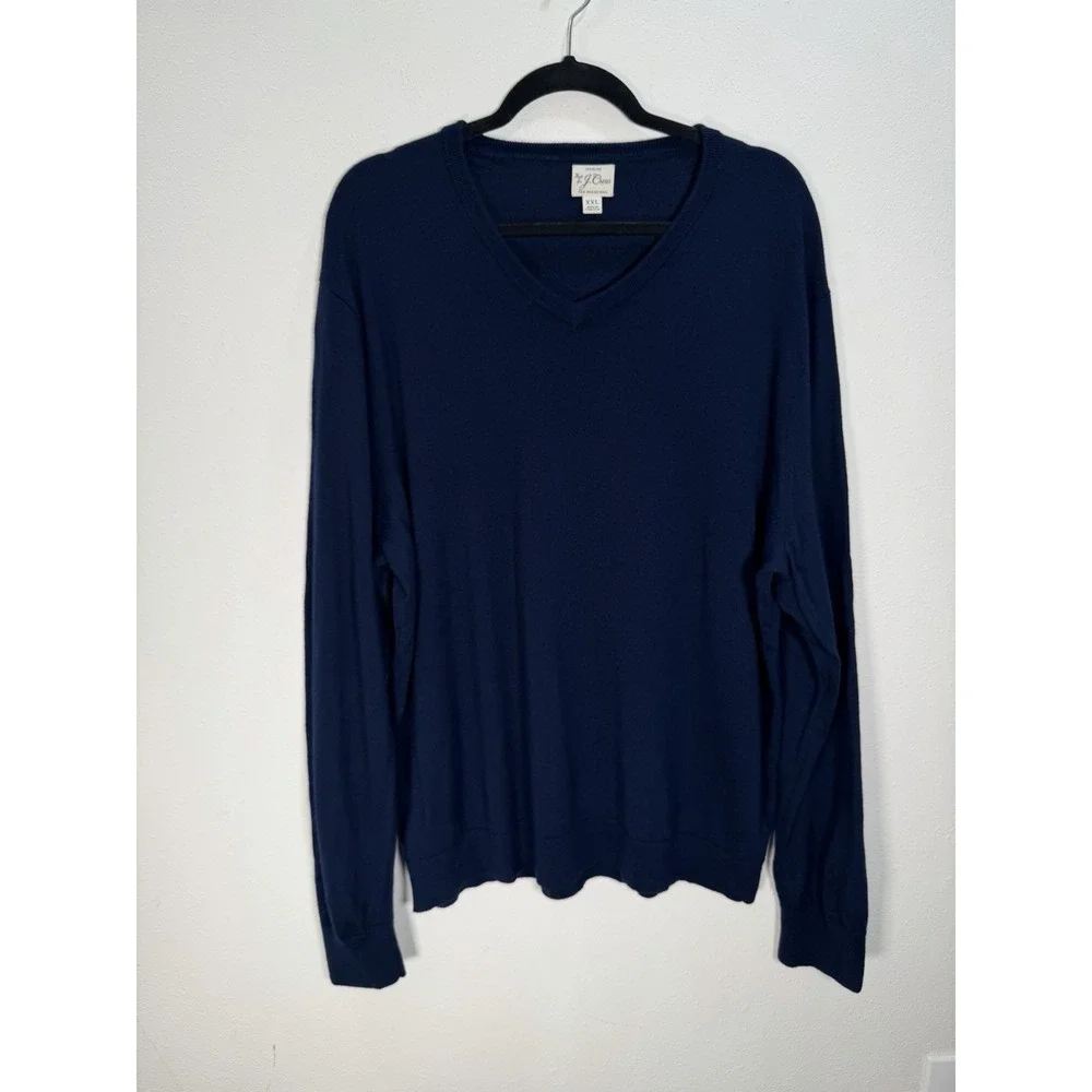 J CREW Sweater 100% Merino Wool Men's Sz XXL Navy Blue V-neck Classic Preppy